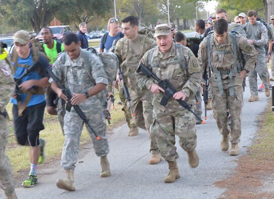 The Robins Air Force Base Fitness Center sponsored a 10-Mile Ruck Run on March 24, 2017. Today's ruck run was one of many military-centric events the Fitness Center offers. Participants wore ruck sacks weighing at least 35 pounds while trying to manage a 10-mile cross country course as fast as possible.  (U.S. Air Force photos/RAYMOND CRAYTON, JR.)
