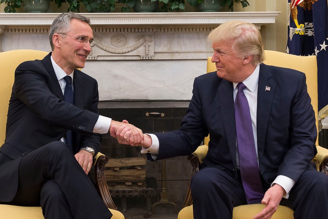 President Donald J. Trump and NATO Secretary General Jens Stoltenberg shake hands during their meeting at the White House, April 12, 2017. NATO photo