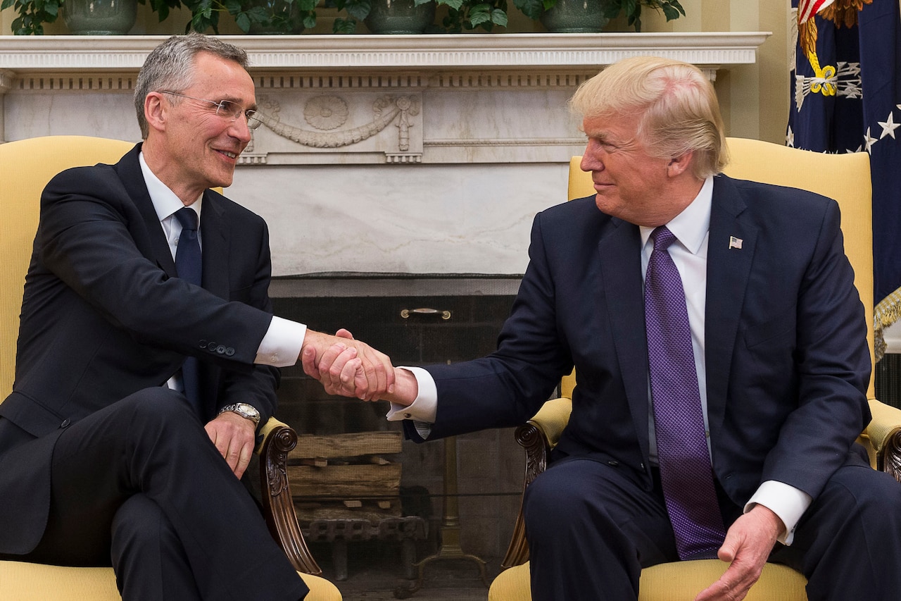 President Donald J. Trump and NATO Secretary General Jens Stoltenberg shake hands during their meeting at the White House, April 12, 2017. NATO photo