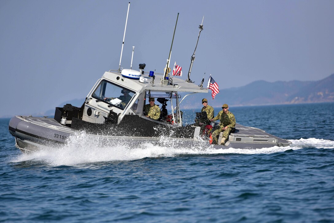 Coast Guardsmen conduct an area familiarization patrol aboard a 32-foot transportable port security boat during Operation Pacific Reach Exercise 2017 in Pohang, South Korea, April 3, 2017. The Coast Guardsmen are assigned to Port Security Unit 312. 
Coast Guard photo by Petty Officer 1st Class Rob Simpson