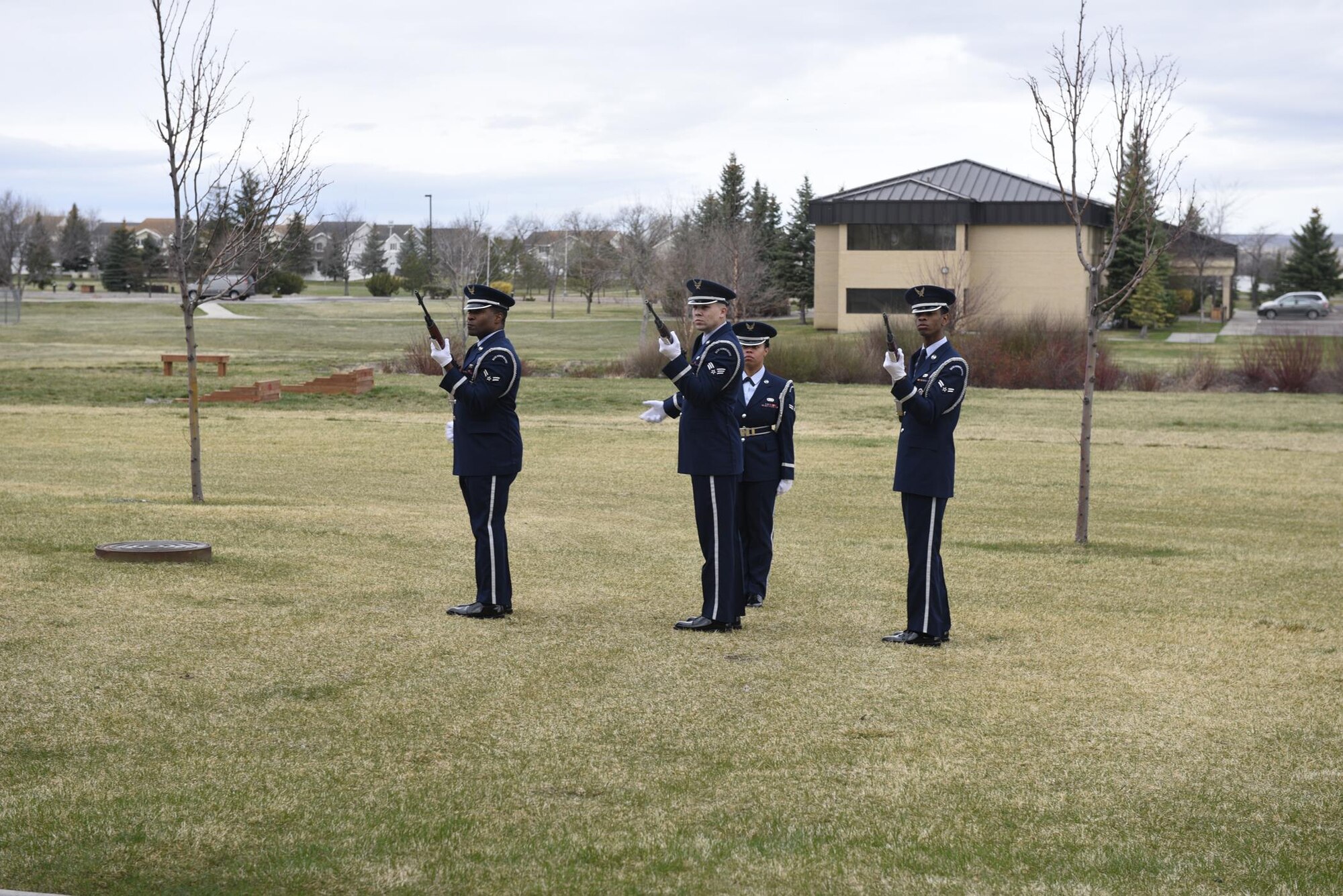 Malmstrom Honor Guard members render a 21 gun salute during a simulated funeral April 12, 2017, at Malmstrom Air Force Base, Mont. The event was part of “Live or Die,” a production helping members think about consequences before they get behind the wheel intoxicated. (U.S. Air Force photo\ Staff Sgt. Lindsey Soulsby)