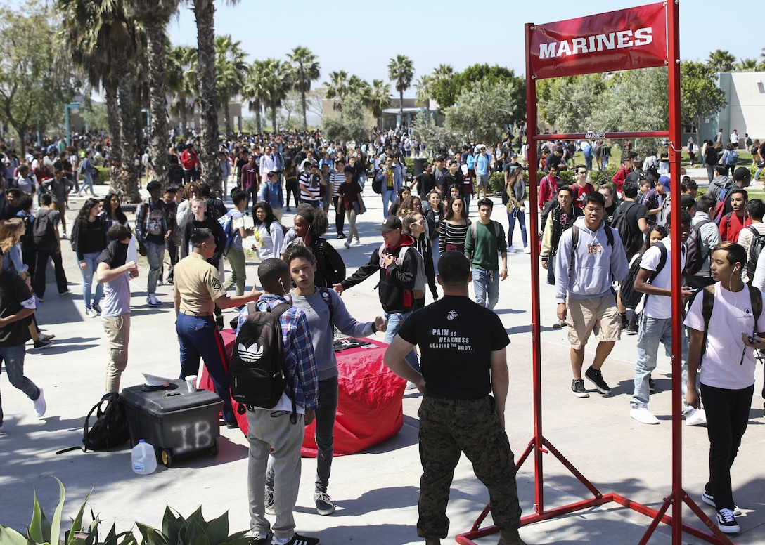 Marine Corps recruiters and ASA Entertainment bring X-Games medalist, and BMX riders to multiple schools in the San Diego area, April 3-7, 2017, to spread anti-bully awareness and reach out to students. The events had riders doing tricks on ramps while Dustin Grice, a professional BMX rider, shared information about bullying statistics and ways for students to prevent it. The recruiters are with Marine Corps Recruiting Station San Diego, 12th Marine Recruiting District, Western Recruiting Region, Marine Corps Recruiting Command. (U.S. Marine Corps photo by Sgt. William Hester/ Released)