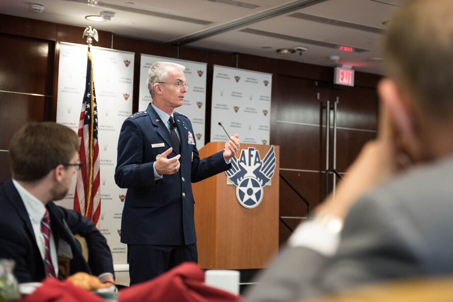 Air Force Gen. Paul J. Selva, vice chairman of the Joint Chiefs of Staff, speaks during an Air Force Association Breakfast in Arlington, Va., April 13, 2017. Selva spoke about the need for a defense budget, Syria, and innovation within the Department of Defense. DoD photo by Army Sgt. James K. McCann