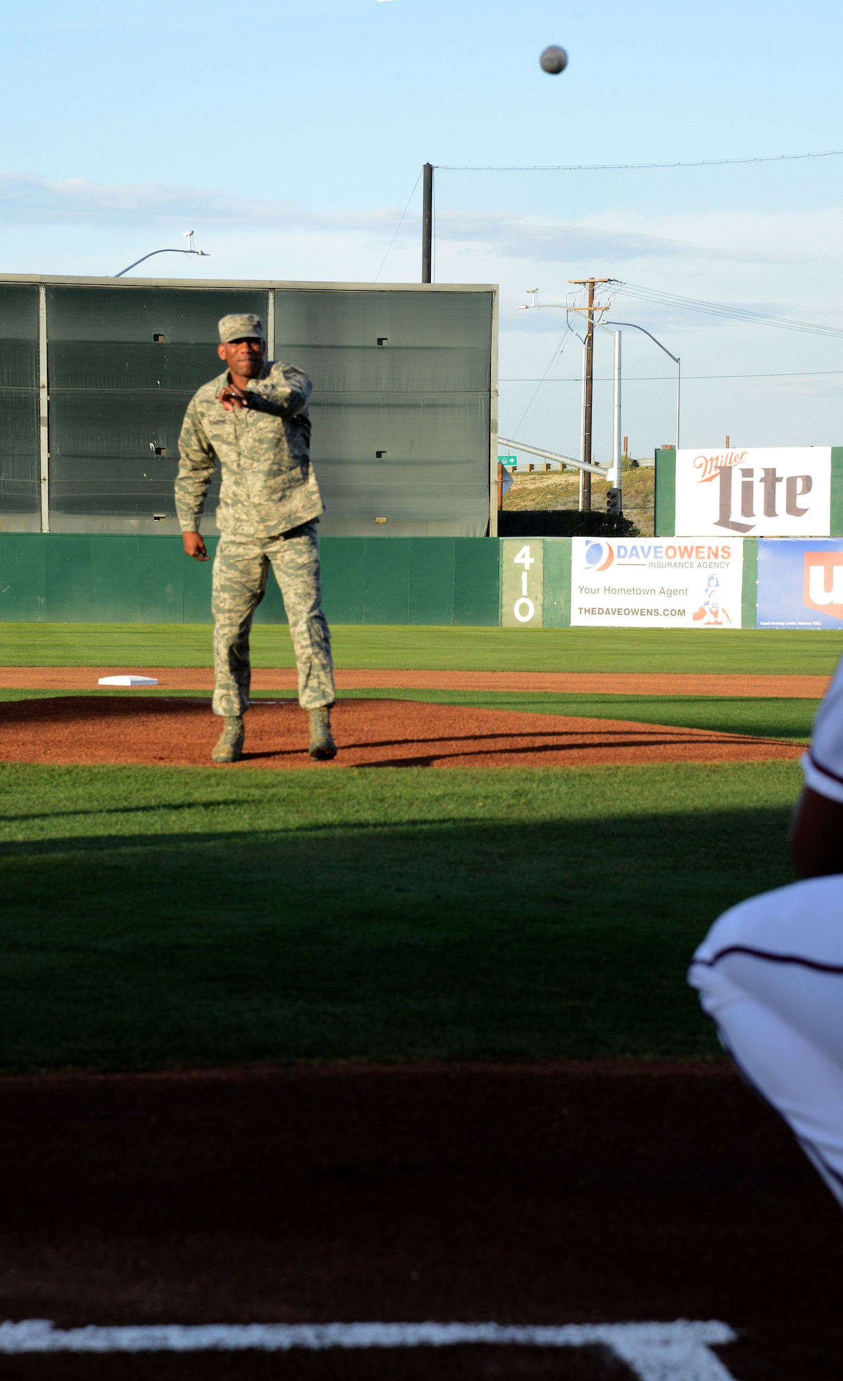 Chief Master Sgt. Todd Simmons, 412th Test Wing command chief, throws out the ceremonial first pitch before a Lancaster JetHawks game April 6. (U.S. Air Force photo by Christopher Ball)