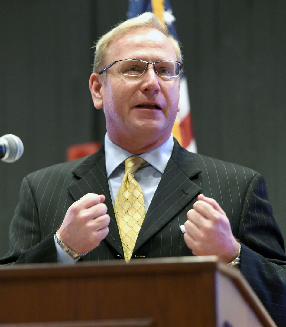 David King speaks to representatives from small and large industry during a Mission and Installation Contracting Command acquisition forecast open house March 29 at the Fayetteville Technical Community College in Fayetteville, N.C. King is the deputy to the commander of the 419th Contracting Support Brigade at nearby Fort Bragg, N.C.