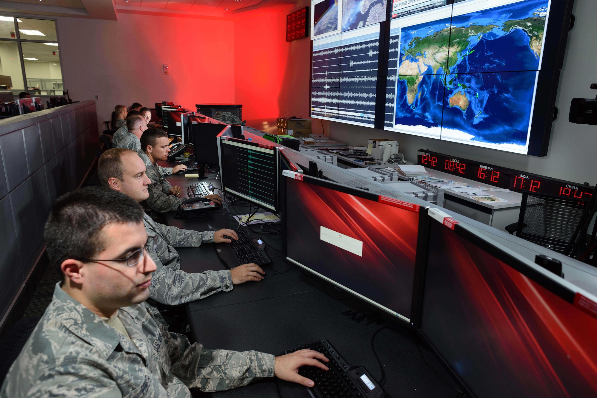 Airmen assigned to the Technical Support Squadron, Air Force Technical Applications Center, Patrick AFB, Fla., monitor seismic activity throughout the world in direct support of AFTAC’s nuclear treaty monitoring mission.  The center maintains a global network of nuclear event detection sensors called the U.S. Atomic Energy Detection System – the largest sensor network in the U.S. Air Force.   (U.S. Air Force photo by William B. Belcher)

