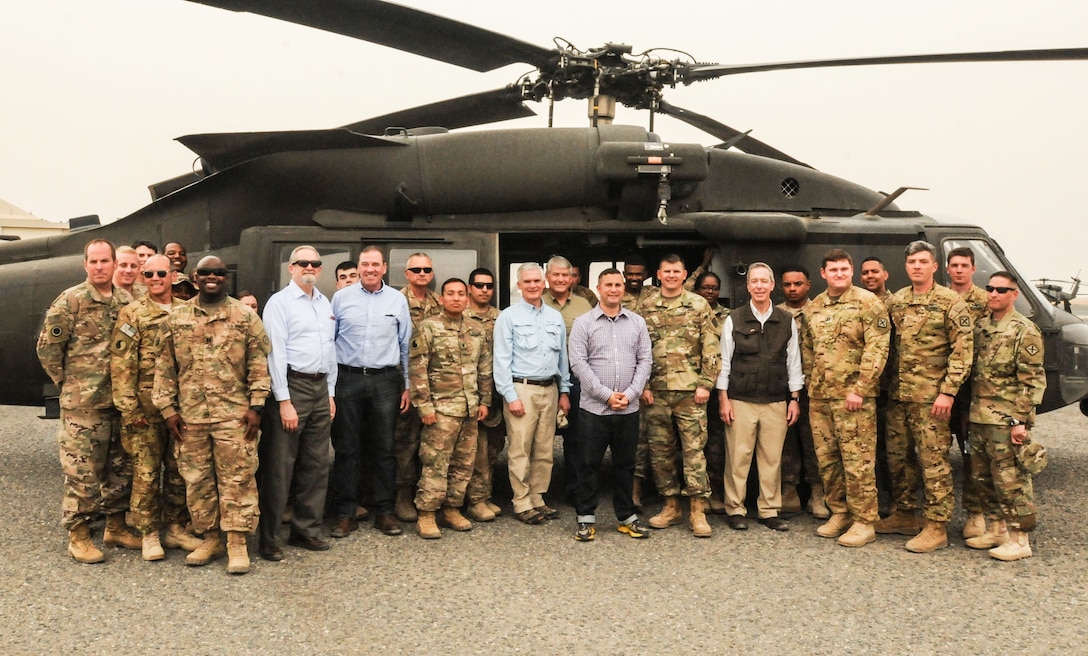 Congressmen from three states visited Soldiers from their congressional districts to learn about the ongoing fight against ISIS. Brig. Gen. John Epperly, the Deputy Commander of the 29th Infantry Division, Task Force Spartan, escorted the delegation as they received a briefing on Operations Spartan Shield and Inherent Resolve. The U.S. Ambassador to Kuwait, Mr. Lawrence Silverman, also participated in the day’s events. The representatives visited Camp Arifjan and Camp Buerhing, Kuwait on April 10, 2017. (U.S. Army Photo by Master Sergeant Sean McCollum, 29th Infantry Division Public Affairs)