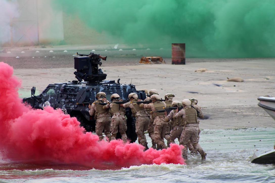 U.S. and Gulf Cooperation Council forces conduct the culminating field-training event of exercise Eagle Resolve 2017, April 6, in Kuwait’s Shuwaikh Port. Eagle Resolve is the premier multi-national exercise in the Gulf region.
