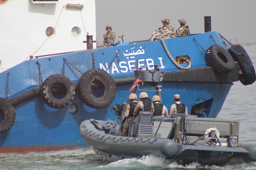 U.S. and Gulf Cooperation Council forces seize a boat taken by terrorists during the culminating training event of exercise Eagle Resolve, April 6, at Kuwait’s Shuwaikh Port. Eagle Resolve is the premier multinational exercise in the Gulf region.
