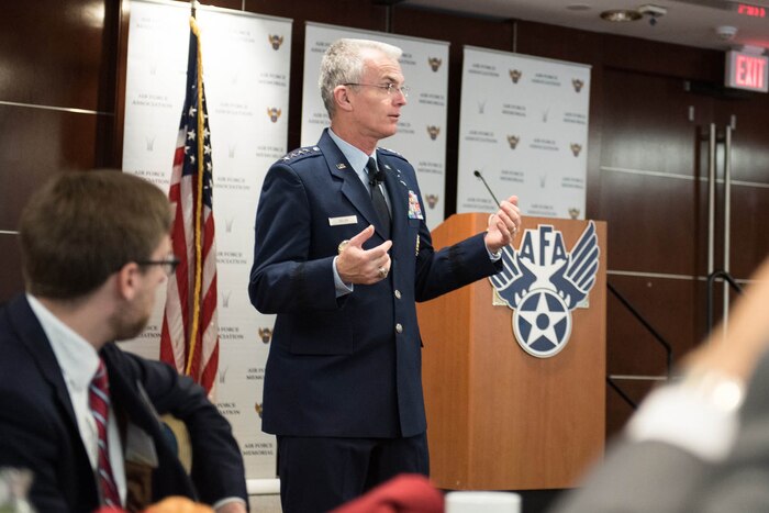 Air Force Gen. Paul J. Selva, vice chairman of the Joint Chiefs of Staff, speaks during an Air Force Association Breakfast in Arlington, Va., April 13, 2017. Selva spoke about the need for a defense budget, Syria, and innovation within the Department of Defense. DoD photo by Army Sgt. James K. McCann