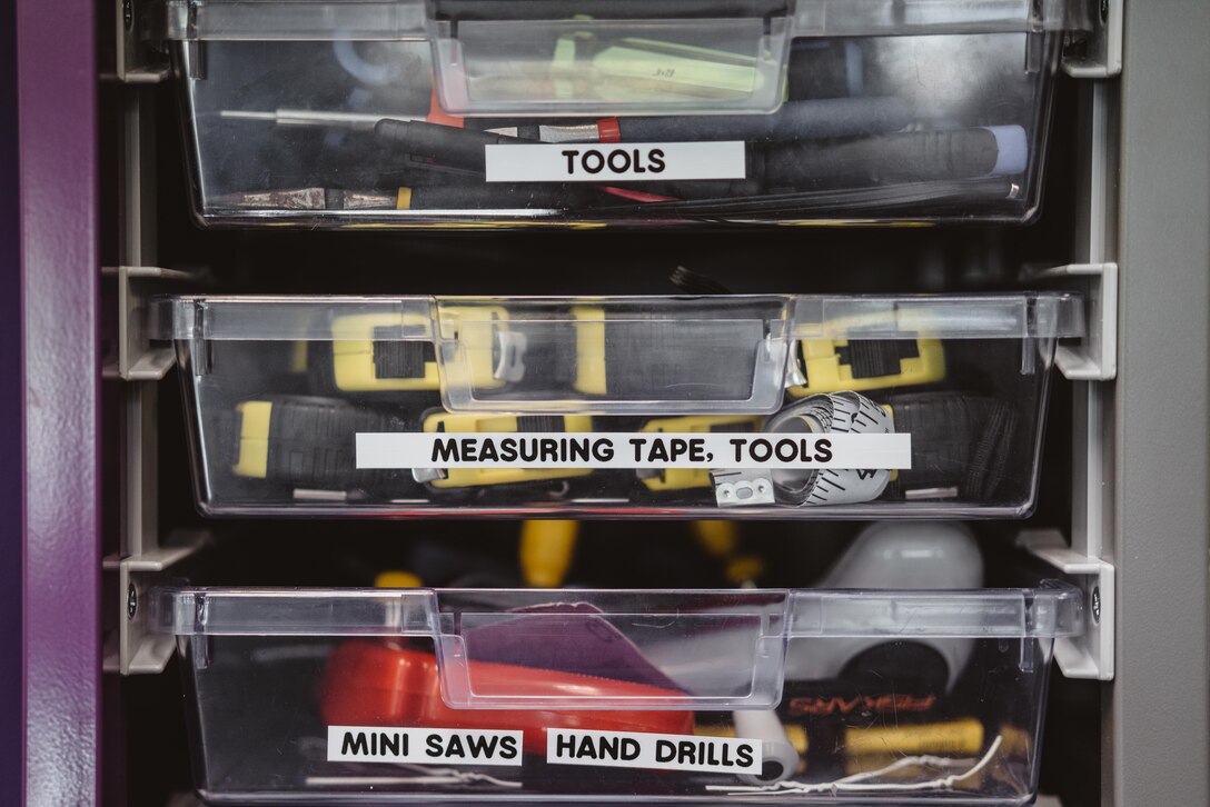Various tools are available in the Science, Technology, Engineer and Math Center of Innovation Center at Joint Base Andrews, Md., April 5, 2017. Children have the opportunity to utilize the center’s many tools, including a 3-D printers, high-definition motorized drop screens, HD multimedia interface projectors, rocket and solar-panel kits, microscopes, a flight simulator and more. (U.S. Air Force photo by Senior Airman Delano Scott)