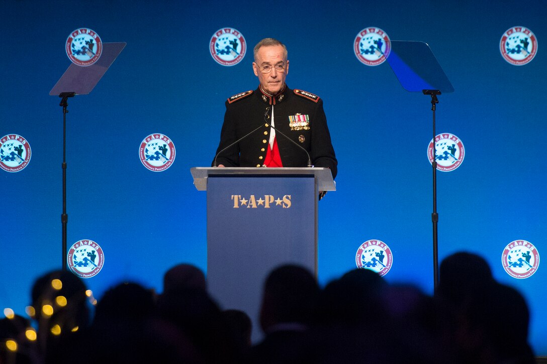 Marine Corps Gen. Joe Dunford, chairman of the Joint Chiefs of Staff, delivers remarks during the Tragedy Assistance Program for Survivors 2017 Honor Guard Gala in Washington, D.C., April 12, 2017. Dunford served as the event’s keynote speaker. DoD photo by Navy Petty Officer 2nd Class Dominique A. Pineiro 