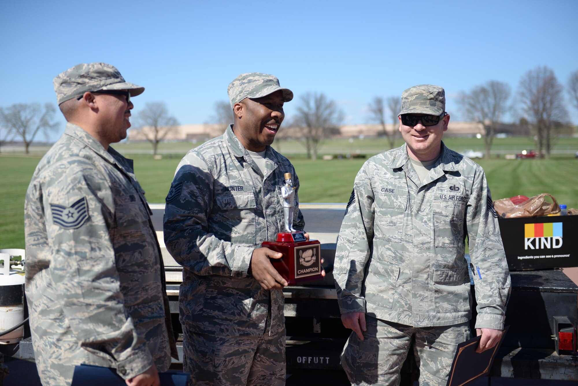 The non-commission officer team won the third annual Offutt Top Chef Grill Masters competition at Offutt Air Force Base, Neb., April 6, 2017 held on the parade field. Four teams competed against one another by creating three dishes to be judged on taste, presentation and creativity. (U.S. Air Force photo by Zachary Hada)