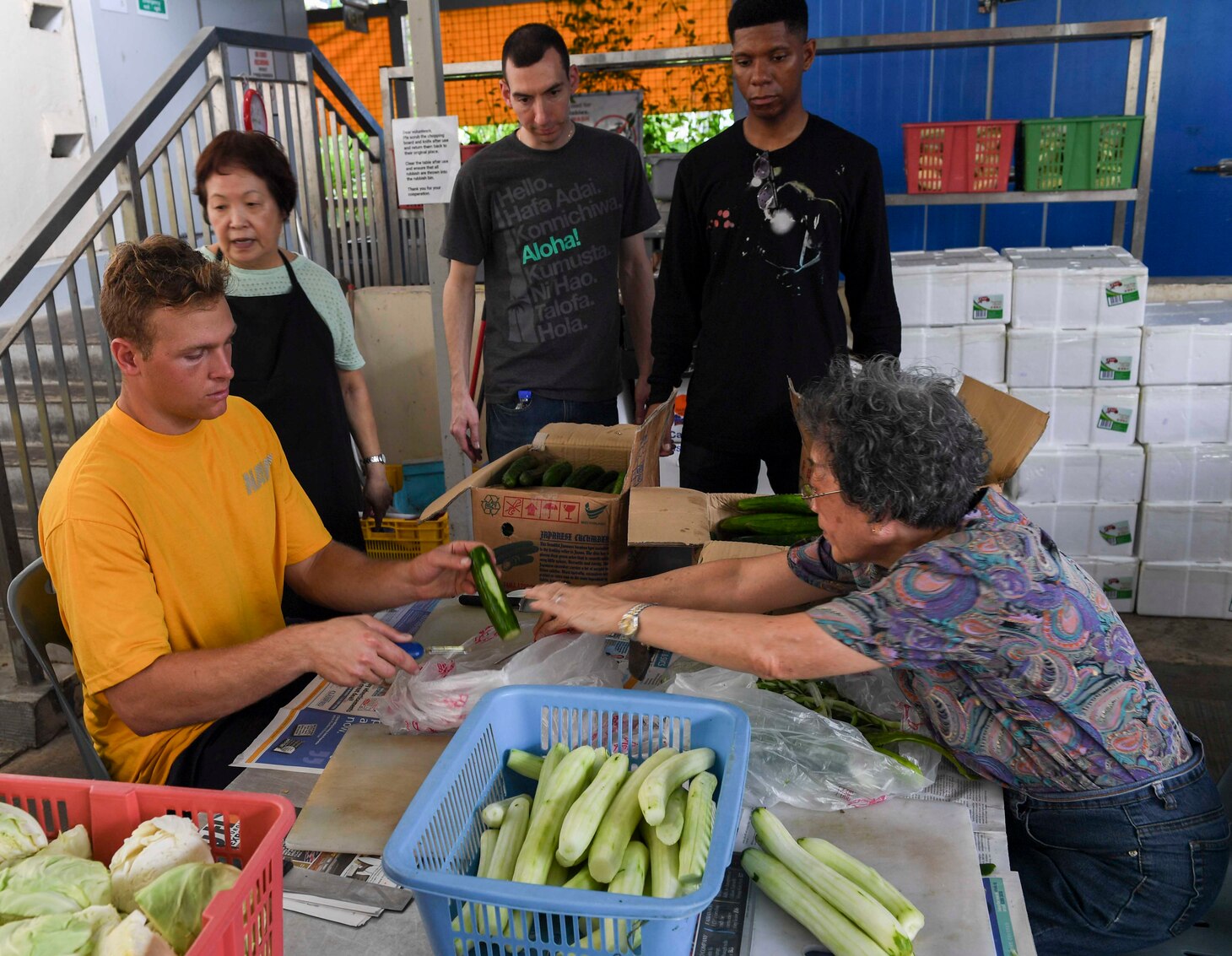 Sailors assigned to Nimitz-class aircraft carrier USS Carl Vinson (CVN 70) and Arleigh Burke-class guided-missile destroyer USS Wayne E. Meyer (DDG 108) cut vegetables at the Willing Hearts Soup Kitchen during a community service event in Singapore, April 5, 2017. Wayne E. Meyer is on a regularly scheduled Western Pacific deployment with the Carl Vinson Carrier Strike Group as part of the U.S. Pacific Fleet-led initiative to extend U.S. 3rd Fleet command and control functions into the Indo-Asia-Pacific region. U.S. Navy aircraft carrier strike groups have routinely patrolled the Indo-Asia-Pacific for more than 70 years. 