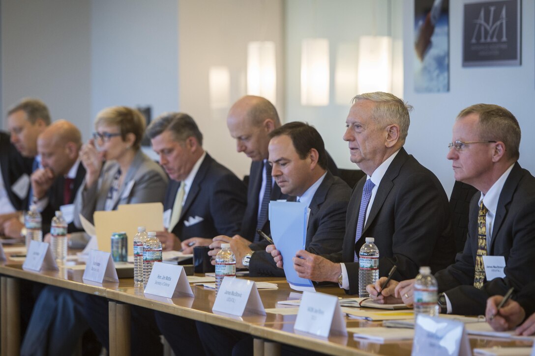 Defense Secretary Jim Mattis meets with representatives from the Aerospace Industries Association, the National Defense Industrial Association and the Professional Services Council in Arlington, Va., April 13, 2017. DoD photo by Air Force Tech. Sgt. Brigitte N. Brantley