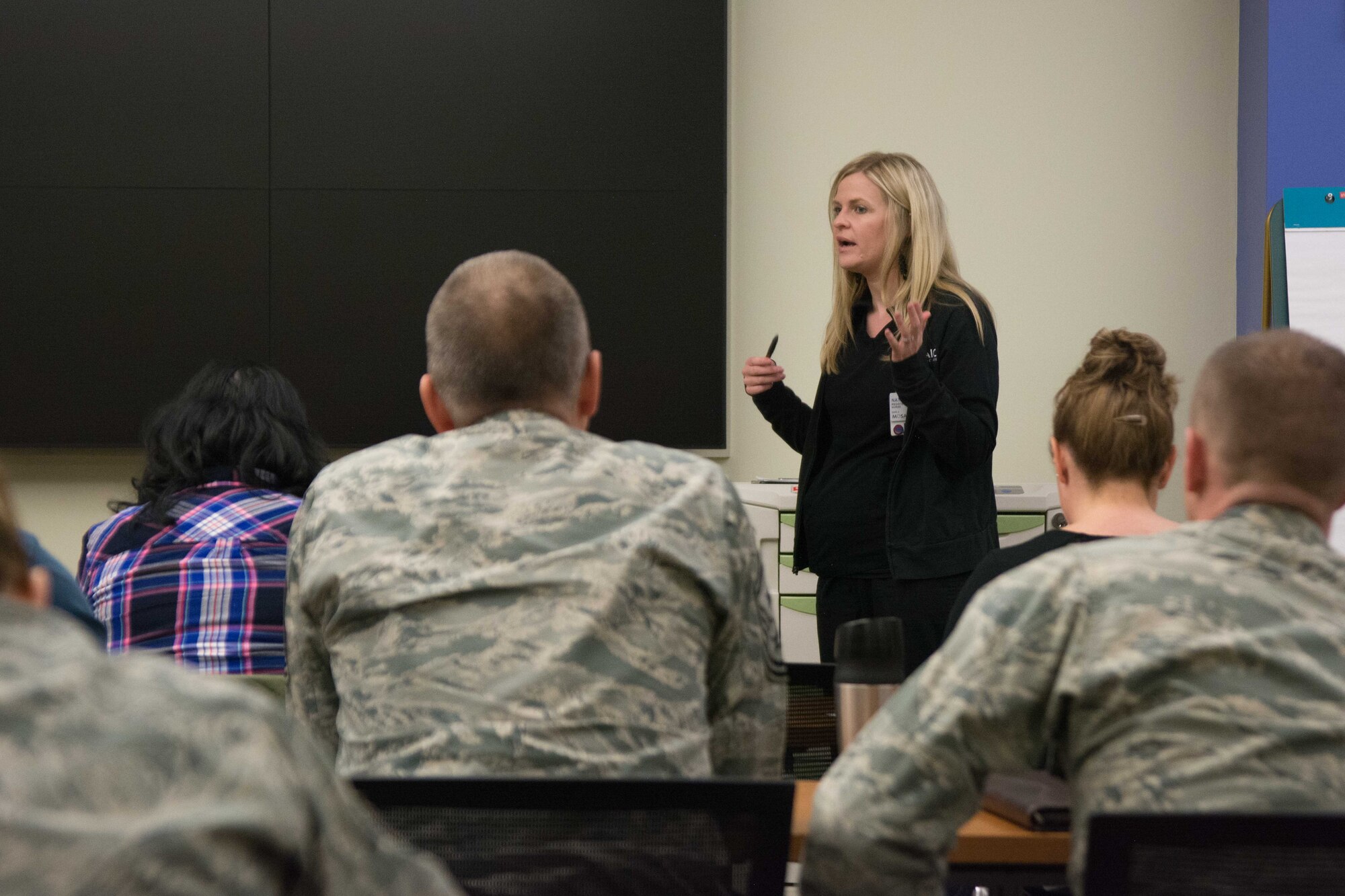A registered nurse from Mosaic Life Care teaches servicemembers about victim advocacy in St. Joseph, Mo., April 12, 2017. The training is an annual requirement for servicemembers who volunteer to be victim advocates. Airmen from Whiteman Air Force Base, Kansas Air National Guard’s 190th Air Refueling Wing, Missouri ANG’s 139th Airlift Wing and 131st Bomb Wing, and sailors from the Naval Operational Support Center in Kansas City attended the training. (U.S. Air National Guard photo by Master Sgt. Michael Crane)
