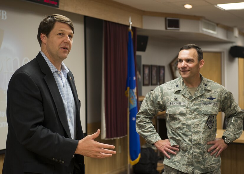 U.S. Air Force Col. David Benson, 7th Bomb Wing commander, greets U.S. Rep. Jodey Arrington, R-TX, April 12, 2017, at Dyess Air Force Base, Texas. The congressman visited Dyess to get familiar with the base, mission objectives and aircrafts. (U.S. Air Force photo by Airman 1st Class Katherine Miller)