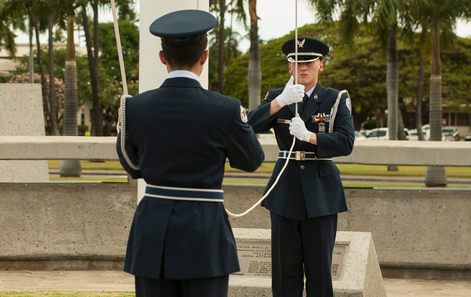 Students from the North Allegheny Senior High School Junior Reserve Officers’ Training Corps (JROTC) in Wexford, PA, performed a Retreat Ceremony at Hickam Air Force Base, Hawaii, April 13, 2017.  The JROTC members were given a tour of Joint Base Pearl Harbor-Hickam from the 515th Air Mobility Operations Wing.  (U.S. Air Force photo by Tech. Sgt. Heather Redman)