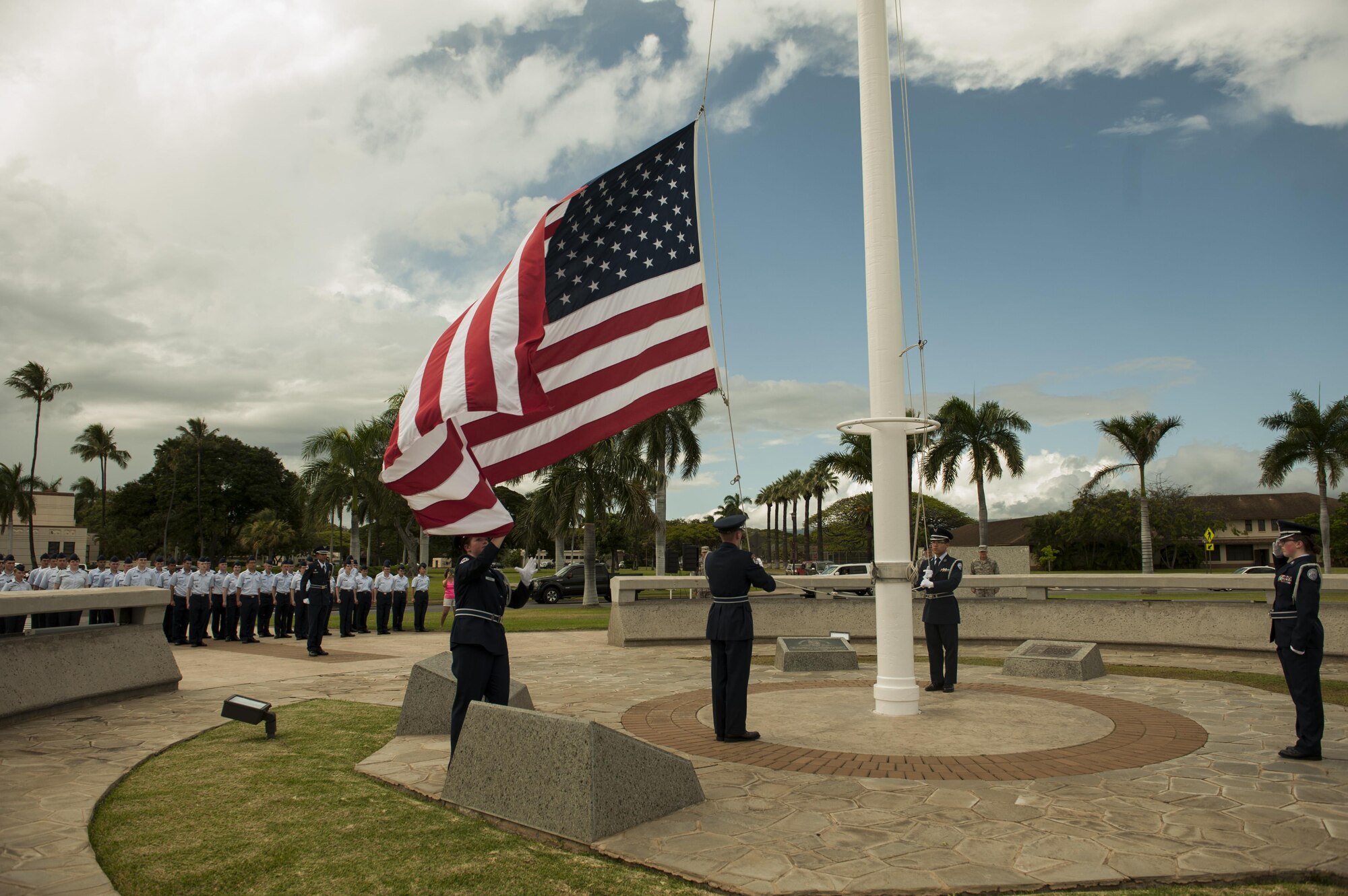 Students from the North Allegheny Senior High School Junior Reserve Officers’ Training Corps (JROTC) in Wexford, PA, performed a Retreat Ceremony at Hickam Air Force Base, Hawaii, April 13, 2017.  The JROTC members were given a tour of Joint Base Pearl Harbor-Hickam from the 515th Air Mobility Operations Wing.  (U.S. Air Force photo by Tech. Sgt. Heather Redman)