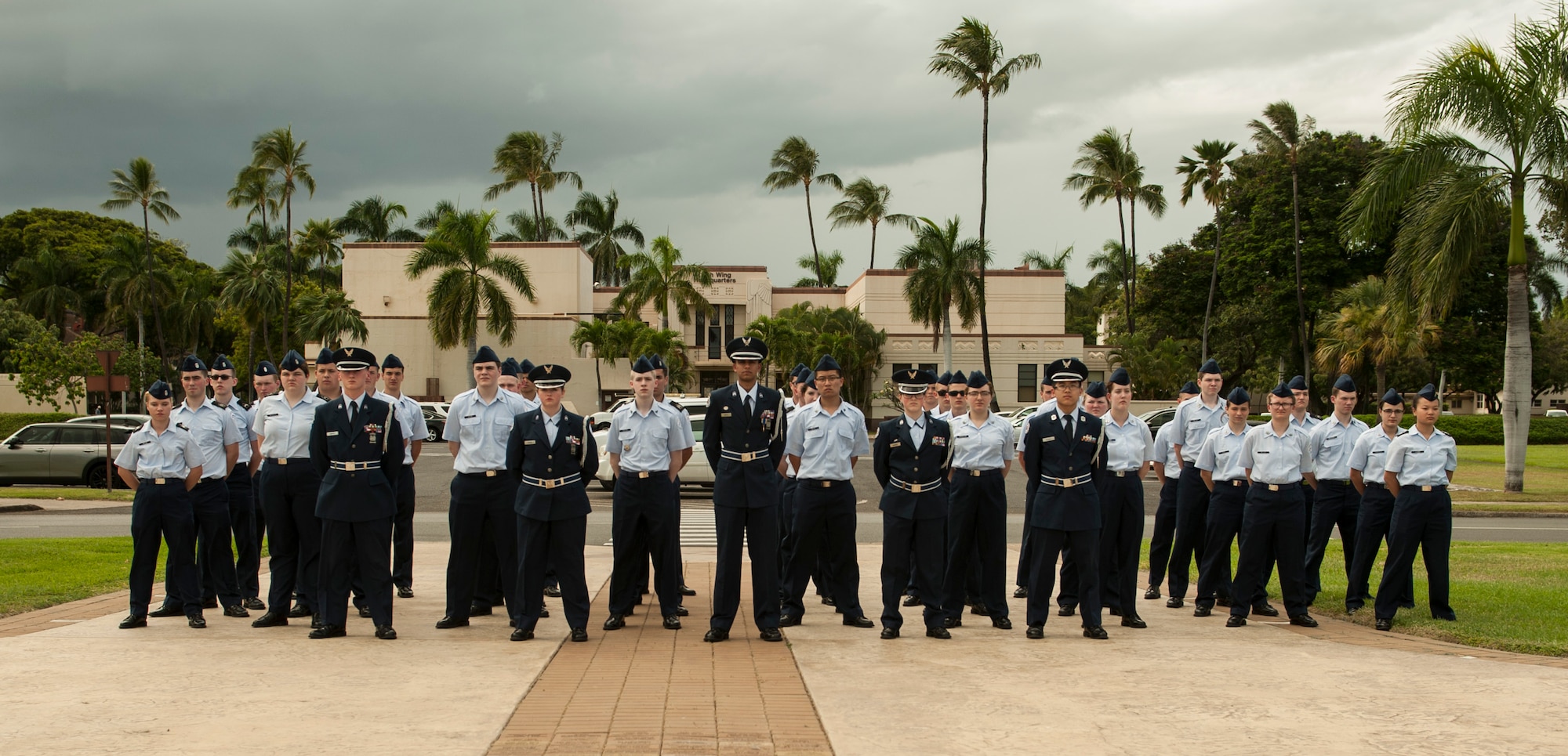 Students from the North Allegheny Senior High School Junior Reserve Officers’ Training Corps (JROTC) in Wexford, PA, performed a Retreat Ceremony at Hickam Air Force Base, Hawaii, April 13, 2017.  The JROTC members were given a tour of Joint Base Pearl Harbor-Hickam from the 515th Air Mobility Operations Wing.  (U.S. Air Force photo by Tech. Sgt. Heather Redman)