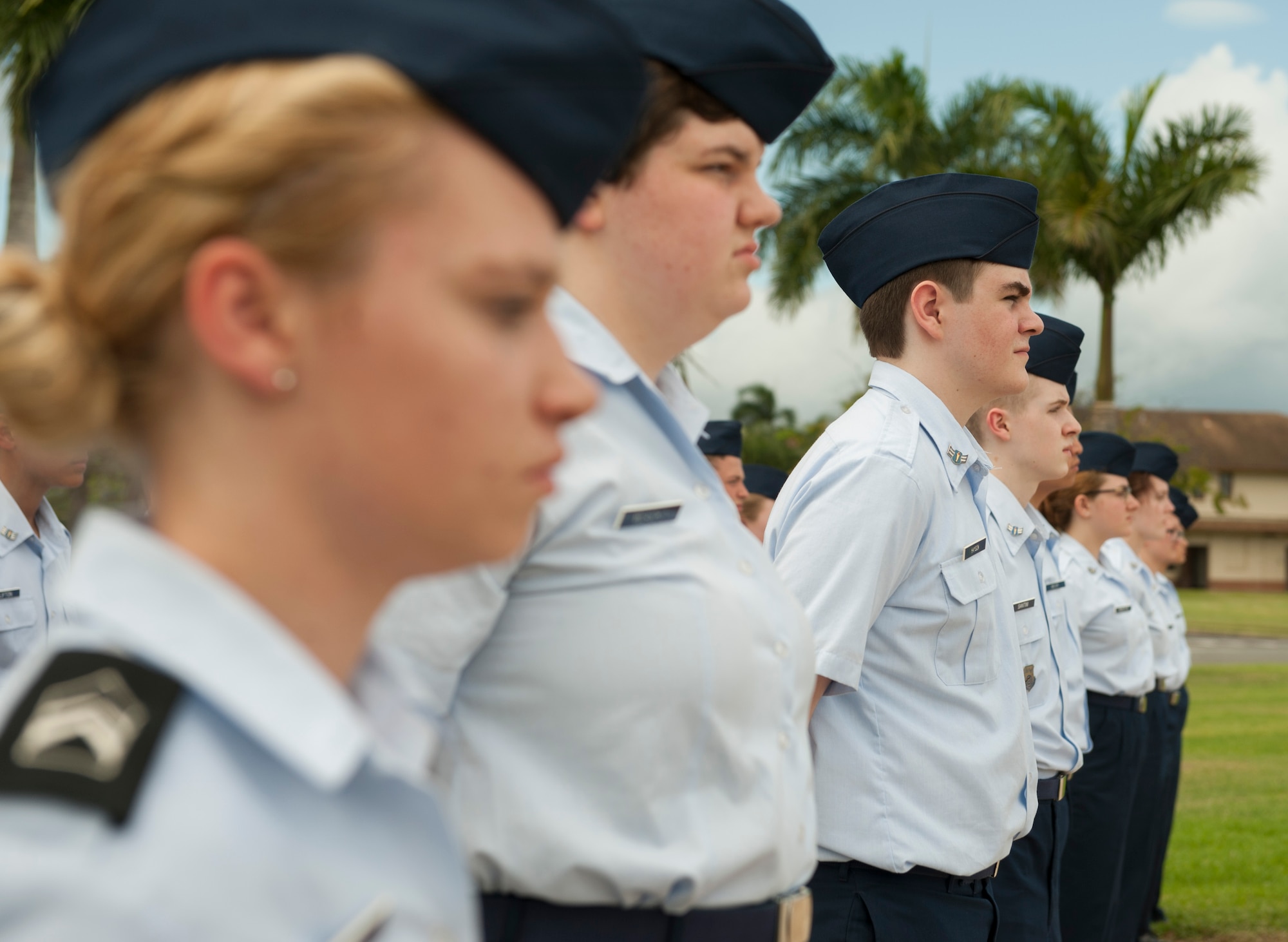 Students from the North Allegheny Senior High School Junior Reserve Officers’ Training Corps (JROTC) in Wexford, PA, performed a Retreat Ceremony at Hickam Air Force Base, Hawaii, April 13, 2017.  The JROTC members were given a tour of Joint Base Pearl Harbor-Hickam from the 515th Air Mobility Operations Wing.  (U.S. Air Force photo by Tech. Sgt. Heather Redman)