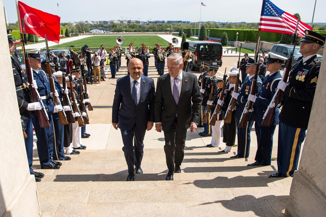 Defense Secretary Jim Mattis walks with Turkish Defense Minister Fikri Isik into the Pentagon, April 13, 2017. DoD photo by Air Force Staff Sgt. Jette Carr