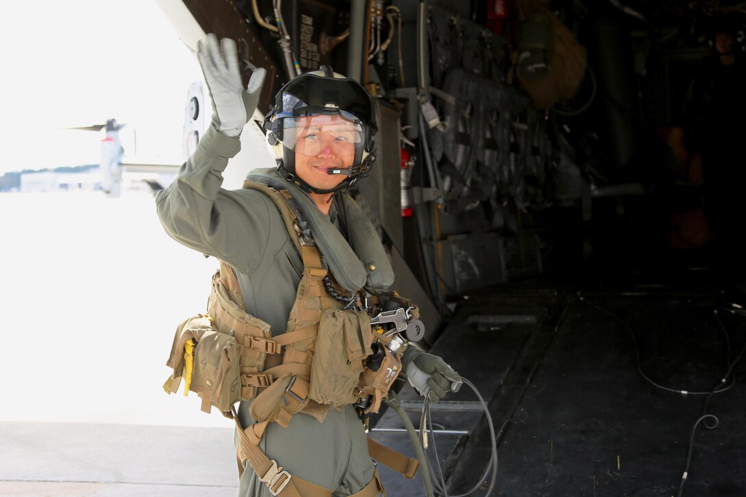 Sgt. 1st Class Midsru Miyazaki has been chosen as the first Japanese MV-22 Osprey crew chief aboard Marine Corps Air Station, New River, N.C., April 7, 2017. “It’s very honorable to be chosen as a crew chief and I’m ready for flight in the United States its very fun,” said Miyazaki. Miyazaki looks forward to going back to Japan and training his soldiers in the proper methods and procedures for flying a MV-22 Osprey. Miyazaki is originally with the Japanese Ground Self-Defense Force. VMMT-204 is assigned to Marine Aircraft Group 26, 2nd Marine Aircraft Wing. (Marine Corps photo by Cpl. Jason Jimenez/ Released)
