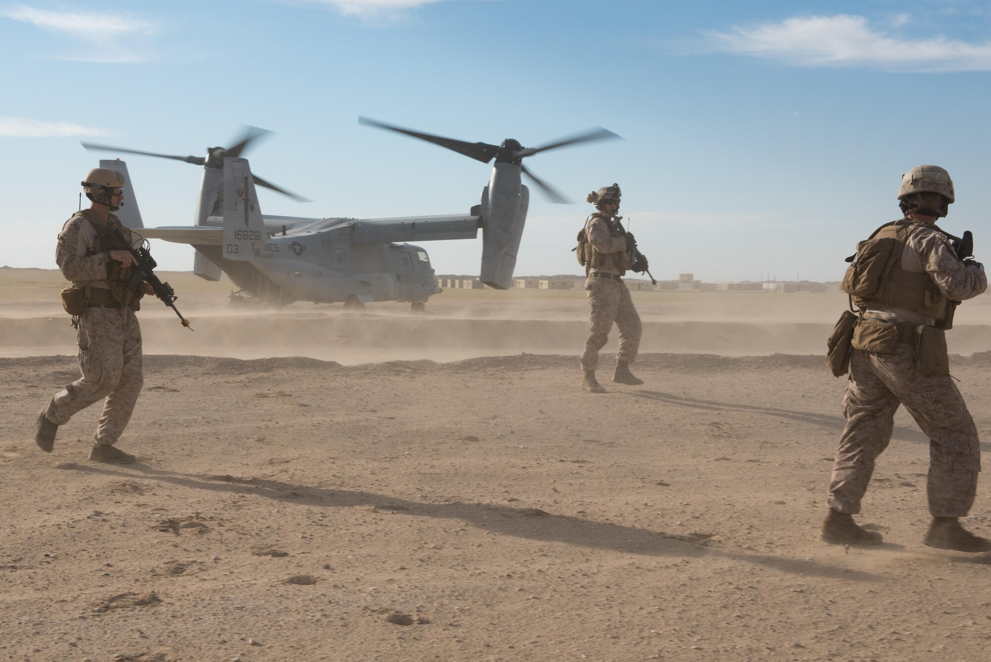 U.S. Marines assigned to 1st Battalion, 7th Marine Regiment,  Special Purpose Marine Air-Ground Task Force-Crisis Response-Central Command  exercise the tactical recovery of aircraft and personnel with an MV-22 Osprey assigned to t Marine Medium Tiltrotor Squadron 165 at an undisclosed location in Southwest Asia, April 5, 2017. The Marines, who are assigned to the Special Purpose Marine Air Ground Task Force, regularly exercise the capability to keep their skills sharp while in the deployed location. (U.S. Air Force photo/Master Sgt. Benjamin Wilson)(Released)