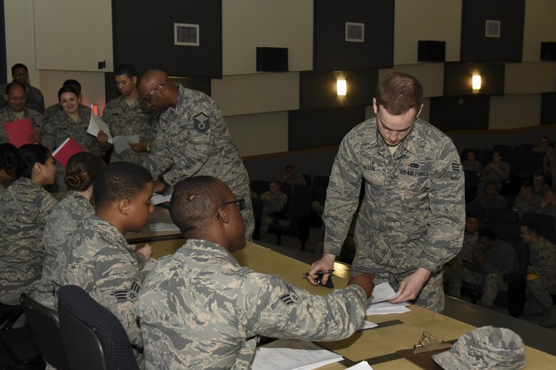 U.S. Air Force Airmen from Osan Air Base, Republic of Korea, check in at the base theater in preparation for their participation in the Max Thunder exercise at Kunsan Air Base, Republic of Korea, April 12, 2017. U.S. Air Force, Army, Marine Corps and Navy personnel and aircraft will train with the Republic of Korea Air Forces in the annual, bilateral training Exercise MAX THUNDER 17, which will be hosted at Kunsan Air Base, Republic of Korea, April 17-28, 2017. (U.S. Air Force Photo by Senior Airman Michael Hunsaker/Released) 