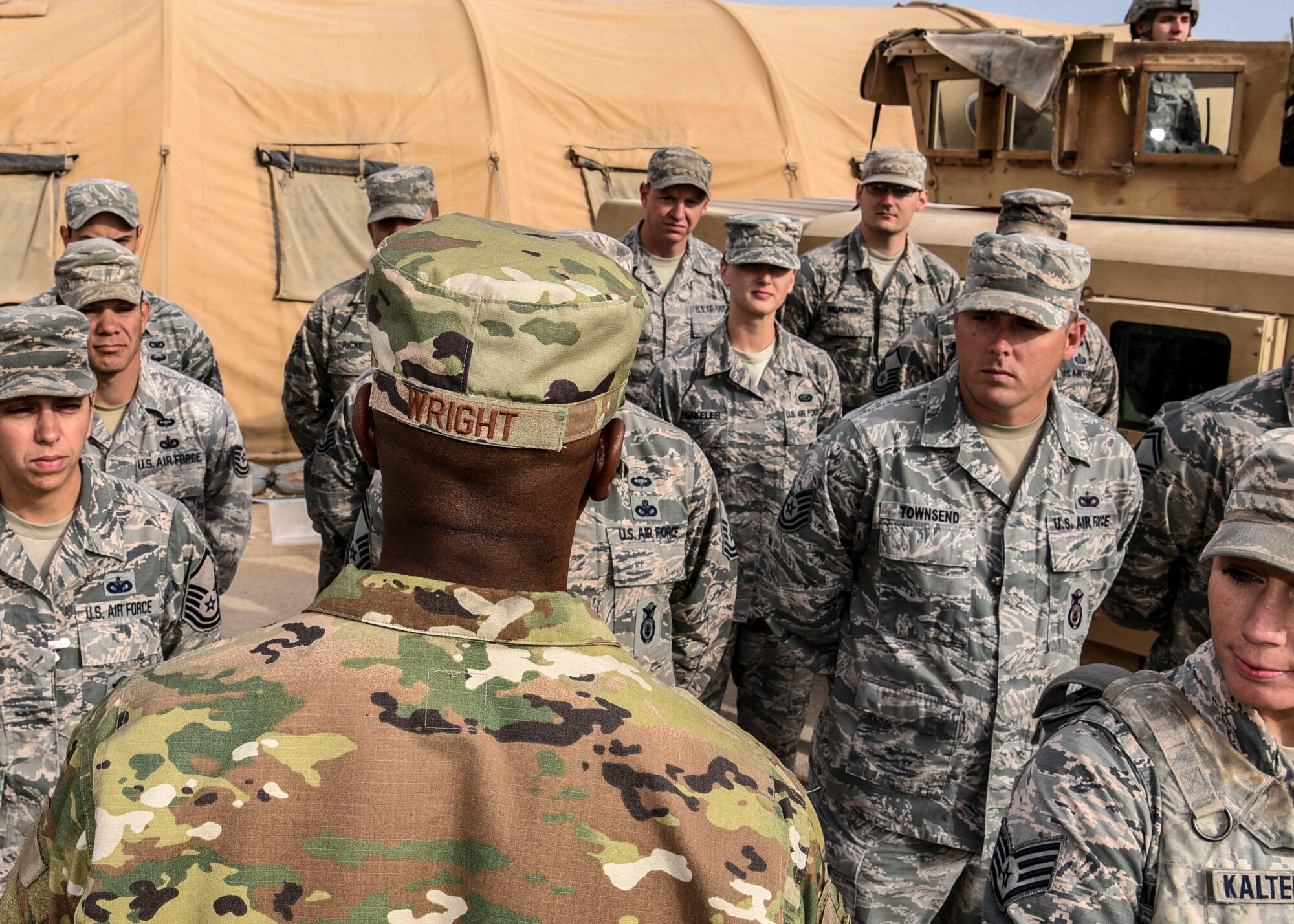 Chief Master Sgt. of the Air Force Kaleth O. Wright speaks with deployed
 Airmen April 10, 2017 in Southwest Asia. Wright along with Air Force Vice
 Chief of Staff Gen. Stephen W. Wilson visited the 332nd Air Expeditionary
 Wing to hear from Airmen and educate themselves on the mission. (U. S. Air
 Force photo by Tech Sgt. Eboni Reams)