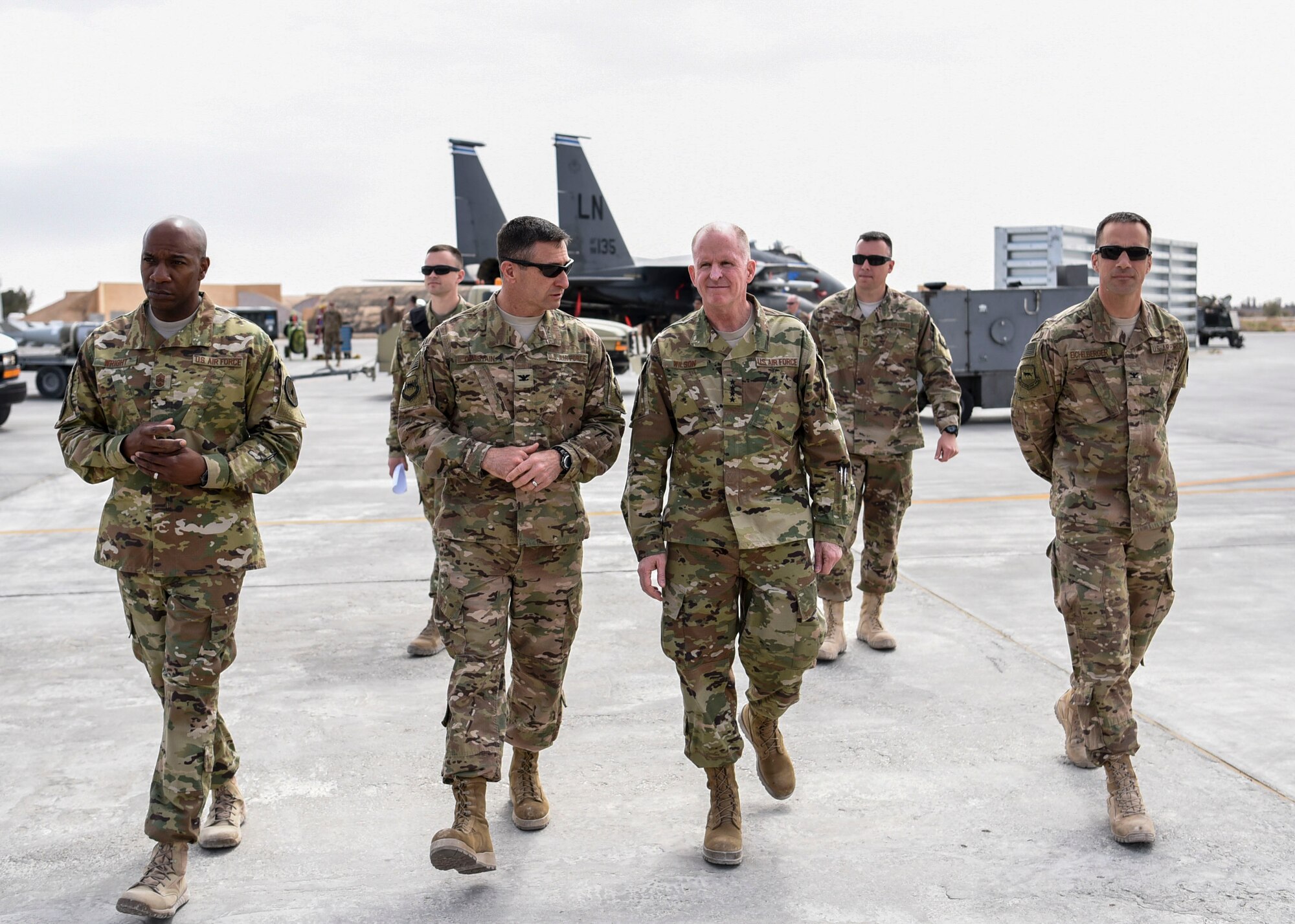 Air Force Vice Chief of Staff Gen. Stephen W. Wilson and Chief Master Sgt. of the Air Force Kaleth O. Wright receive a flight line tour during a visit April 10, 2017 in Southwest Asia. The CMSAF and VCSAF visited the 332nd Air Expeditionary Wing to hear from Airmen and educate themselves on the mission. (U. S. Air Force photo by Tech Sgt. Eboni Reams)