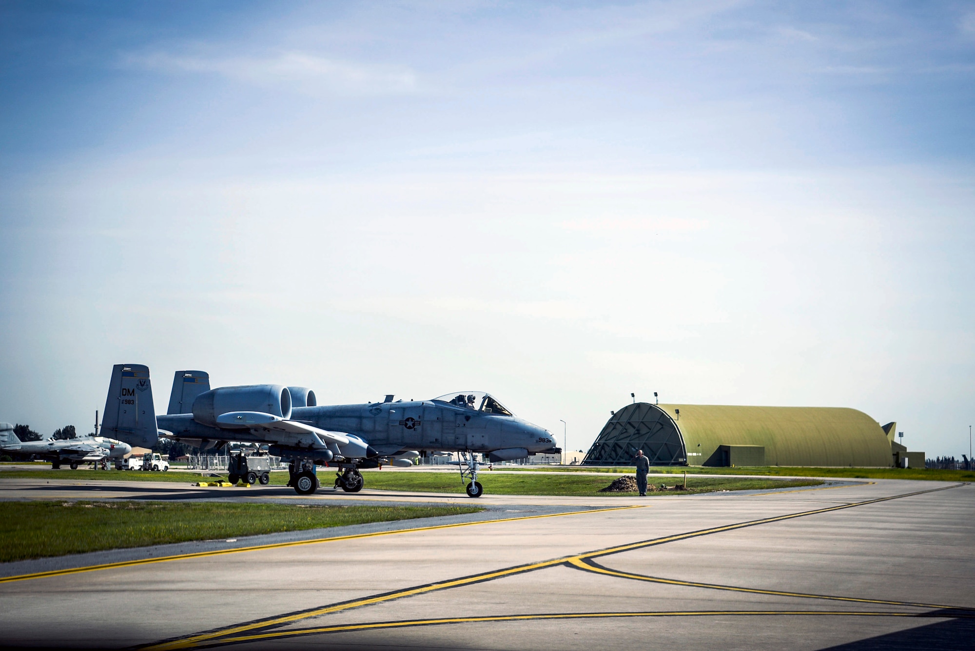 A crew chief from the 354th Expeditionary Aircraft Maintenance Unit launches an A-10C Thunderbolt II combat sortie April 11, 2017, at Incirlik Air Base, Turkey. The 354th Expeditionary Fighter Squadron relies on the 354th EAMU for aircraft maintenance and the munitions needed to execute the air tasking order in the region. (U.S. Air Force photo by Tech Sgt. Eboni Reams)