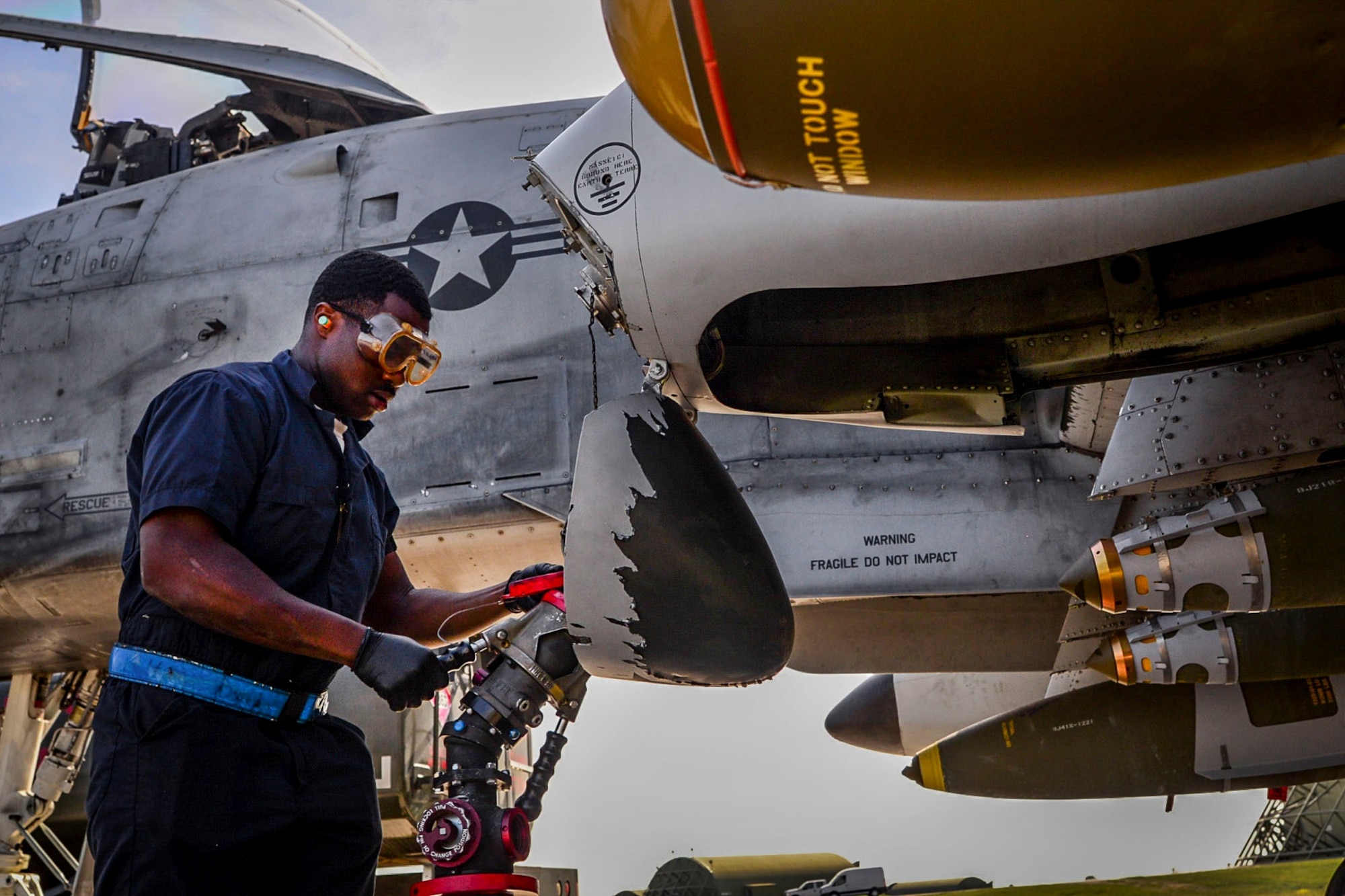 Senior Airman Keyon Mack, 354th Expeditionary Aircraft Maintenance Unit crew chief, fuels an A-10C Thunderbolt II April 11, 2017, at Incirlik Air Base, Turkey. The 354th Expeditionary Fighter Squadron relies on the 354th EAMU for aircraft maintenance and the munitions needed to execute the air tasking order in the region. (U.S. Air Force photo by Tech Sgt. Eboni Reams)
