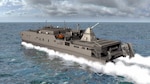 An artist rendering shows the Office of Naval Research-funded electromagnetic railgun installed aboard the joint high-speed vessel USNS Millinocket (JHSV 3). The railgun is a long-range weapon that launches projectiles using electricity instead of chemical propellants and is currently undergoing testing at Naval Sea Systems Command, Dahlgren Division. 