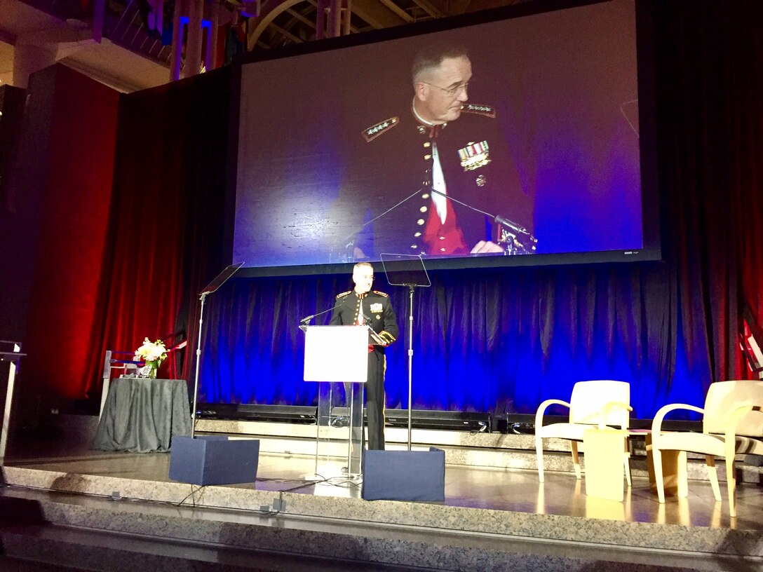 Marine Corps Gen. Joe Dunford accepts the Eisenhower Award on behalf of the more than two million members of the Defense Department from the Business Executives for National Security in Washington, April 13, 2017. DoD photo by Jim Garamone