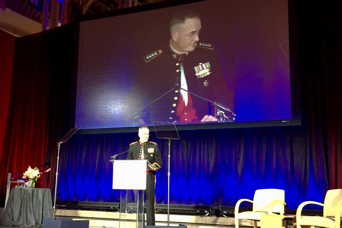 Marine Corps Gen. Joe Dunford, chairman of the Joint Chiefs of Staff, accepts the Eisenhower Award on behalf of the more than two million members of the Defense Department from the Business Executives for National Security in Washington, April 13, 2017. DoD photo by Jim Garamone