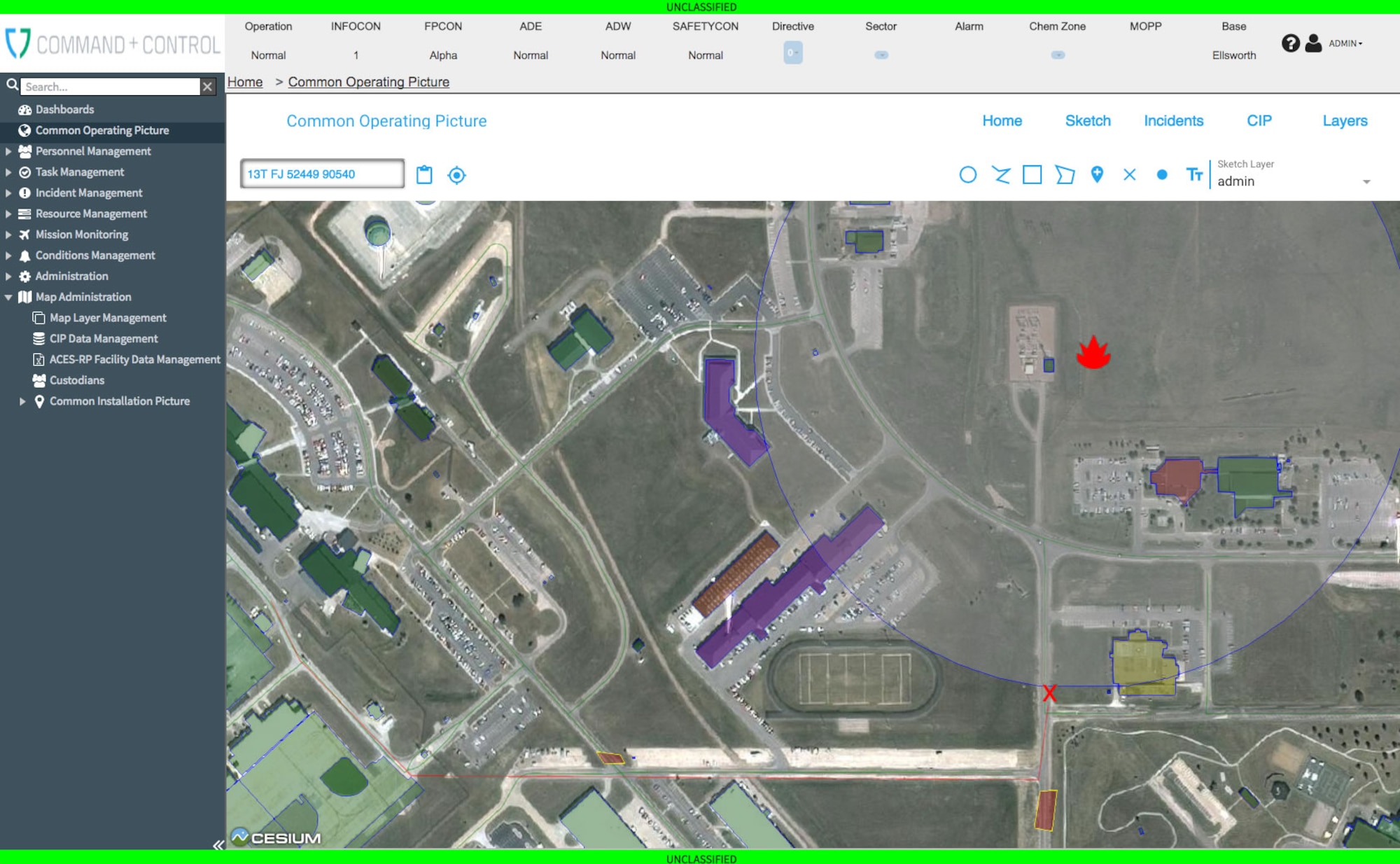 A screenshot of the Unit Command and Control System shows a fire in an installation, near several facilities. This same system can be used to pull up numbers of personnel in the area, checklists required for evacuation and emergency response assets which could be used to battle the blaze. (U.S. Air Force Photo/Released)