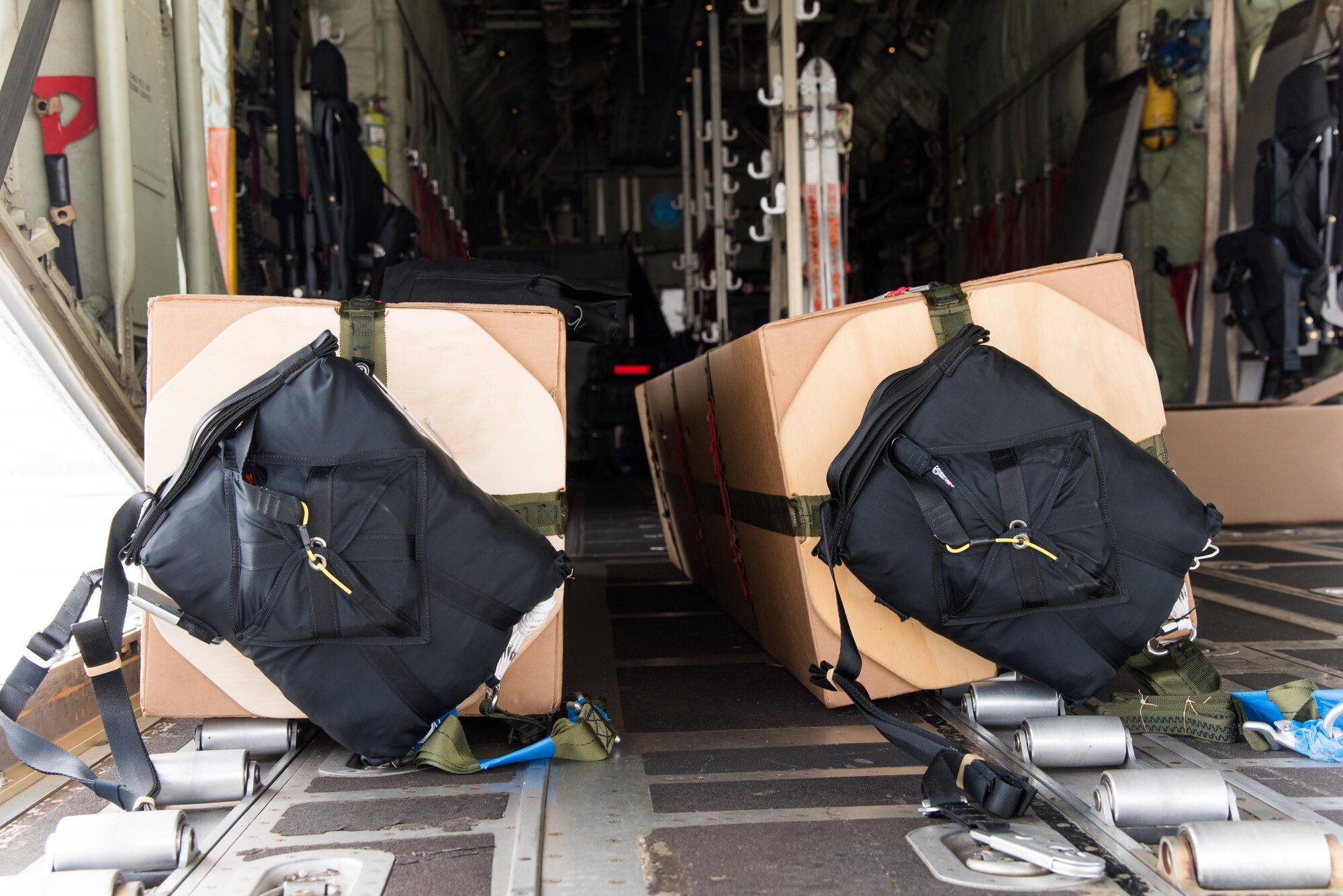 U.S. Navy weather buoys are strapped down in a WC-130J Super Hercules Aircraft April 12 at Keesler Air Force Base, Mississippi. These buoys were dropped in preparation for the Naval Oceanography unmanned systems Gulf of Mexico Operational Demonstration scheduled to take place May 30 through June 1 in Gulfport. This joint training opportunity allows the 53rd Weather Reconnaissance Squadron and Navy personnel to practice collecting and analyzing atmospheric and oceanic data.(U.S. Air Force photo/Staff Sgt. Heather Heiney)