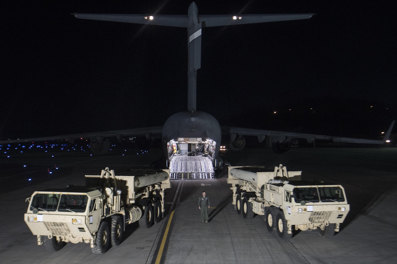U.S. Forces Korea continued its progress in fulfilling the Republic of Korea - U.S. Alliance decision to install a Terminal High Altitude Area Defense (THAAD) on the Korean Peninsula as the first elements of the THAAD system arrived in the ROK. "The timely deployment of the THAAD system by U.S. Pacific Command and the Secretary of Defense gives my command great confidence in the support we will receive when we ask for reinforcemet or advanced capabilities," said Gen. Vincent K. Brooks, U.S. Forces Korea commander. (Courtesy Photo)