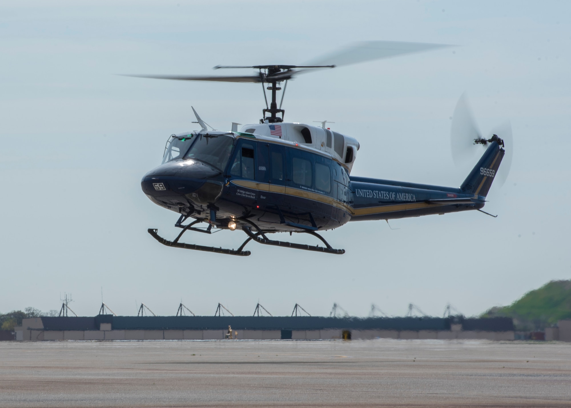 An UH-1N Iroquois lands at Joint Base Andrews, Md., April 13, 2017. The helicopters belong to the 1st Helicopter Squadron, which performed a medical evacuation of a downed pilot during the F-16 Fighting Falcon crash incident April 5. (U.S. Air Force photo by Senior Airman Jordyn Fetter)