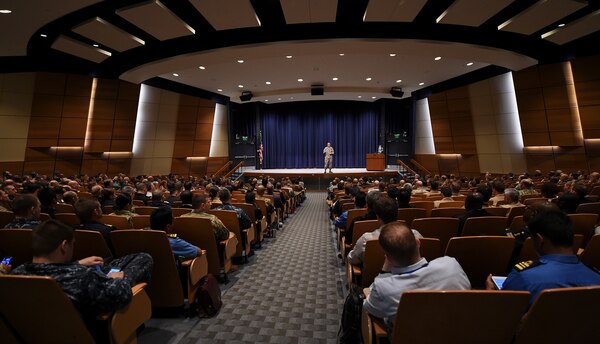U.S. Air Force Gen. John E. Hyten (center), commander of U.S. Strategic Command (USSTRATCOM), addresses students and discusses USSTRATCOM’s missions and 21st century deterrence during his visit to the U.S. Naval War College (NWC) in Newport, R.I., April 14, 2017. While there, Hyten also toured campus facilities and met with faculty and staff. NWC aims to develop strategic and operational leaders, help the Chief of Naval Operations define the future Navy, strengthen maritime security cooperation and support combat readiness. Since the first class of nine students met in October 1884, more than 24,000 U.S. military and international officers, as well as hundreds of senior federal service civilian executives, have graduated from NWC. One of nine Department of Defense unified combatant commands, USSTRATCOM has global strategic missions assigned through the Unified Command Plan that include strategic deterrence, space operations, cyberspace operations, joint electronic warfare, global strike, missile defense, intelligence, and analysis and targeting. 