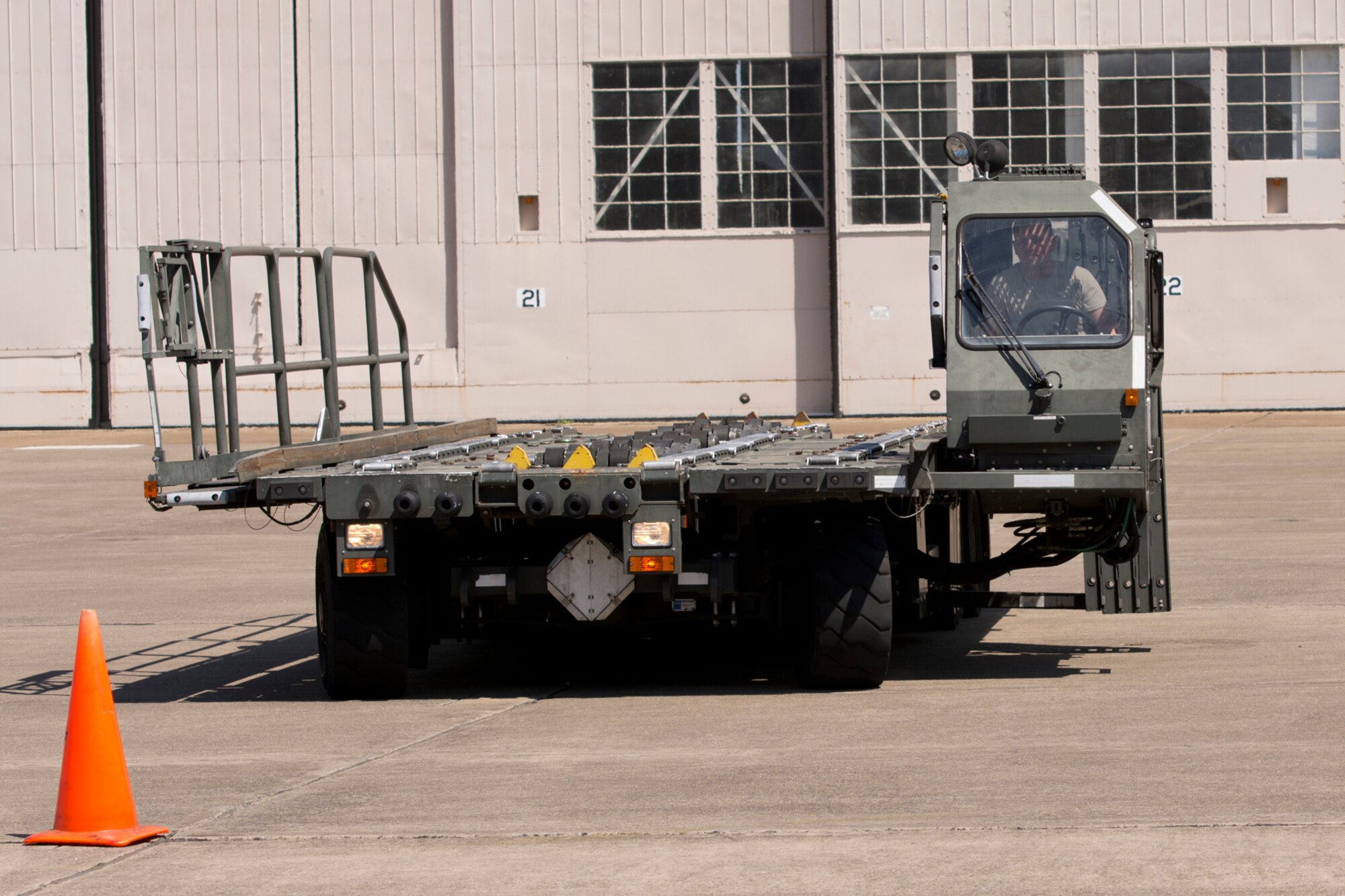 U.S. Air Force Reserve Master Sgt. Morgan Abner, air transportation craftsman, 96th Aerial Port Squadron, practices maneuvering a Halverson 25K Loader during his Unit Training Assembly weekend April 1, 2017, at Little Rock Air Force Base, Ark. Abner is preparing to compete in the 2017 Port Dawg Challenge for air mobility professionals. (U.S. Air Force photo by Master Sgt. Jeff Walston/Released)