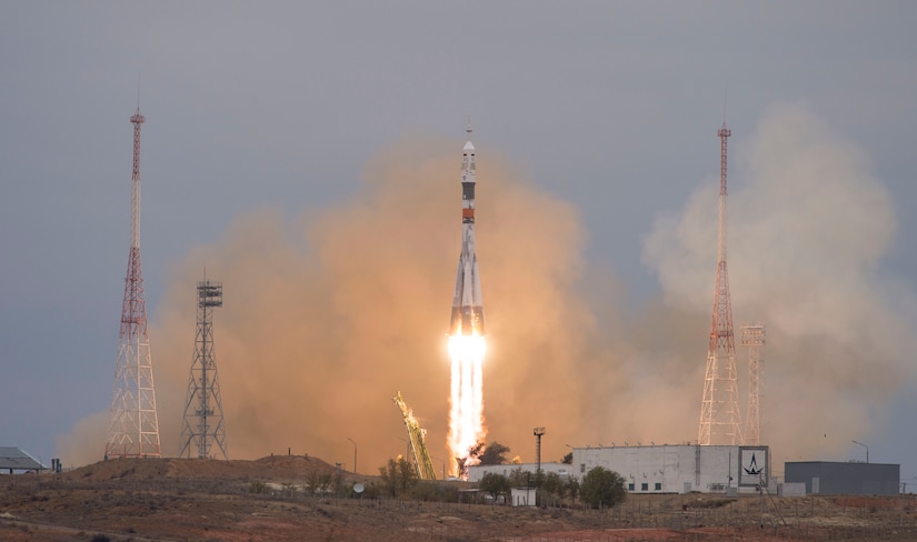 The Soyuz MS-02 rocket is launched with Expedition 49 Soyuz commander Sergey Ryzhikov of Roscosmos, flight engineer Shane Kimbrough of NASA, and flight engineer Andrey Borisenko of Roscosmos, Wednesday, Oct. 19, 2016 at the Baikonur Cosmodrome in Kazakhstan.  Ryzhikov, Kimbrough, and Borisenko will spend the next four months living and working aboard the International Space Station.  Photo Credit: (NASA/Joel Kowsky)
