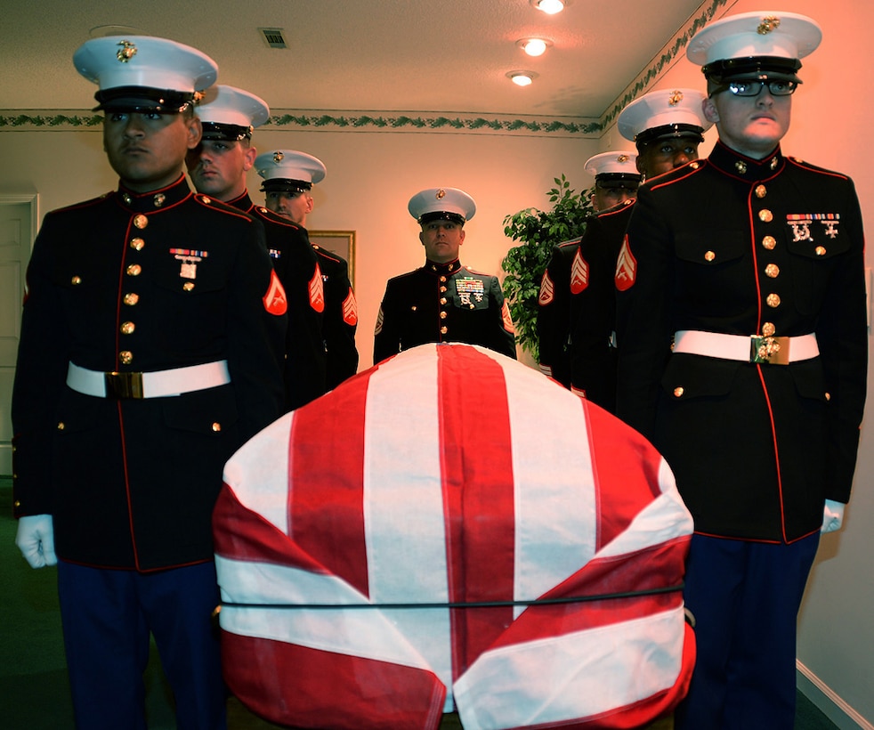 Marines attached to Marine Corps Logistics Base Albany funeral detail escort fallen Marine Pfc. James O. Whitehurst to his final resting place at Cowarts Baptist Church Cemetery in Cowarts, Ala., April 12. Whitehurst was killed in action while fighting the Japanese at the battle of Tarawa during World War II, Nov. 20, 1943.