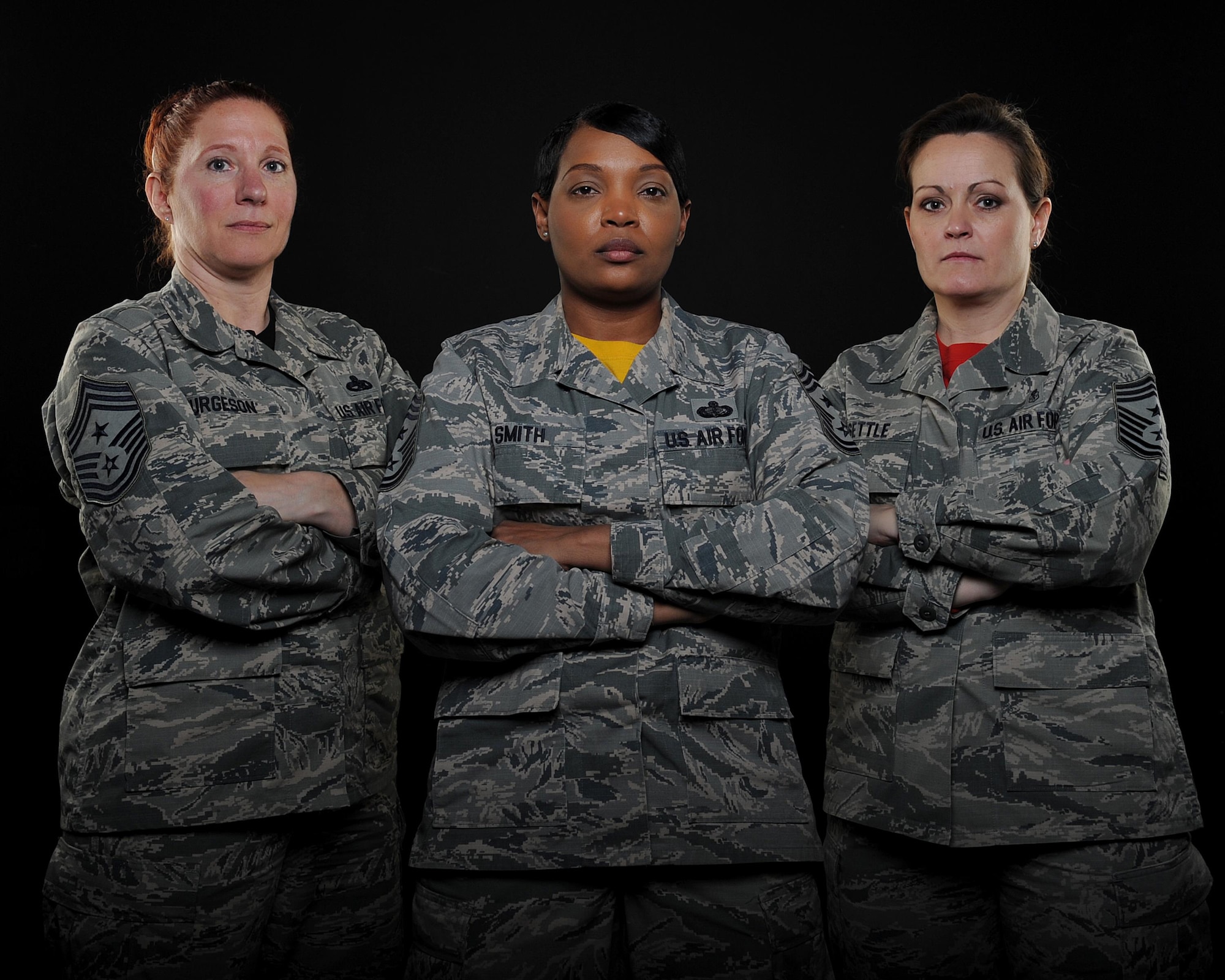 From left to right, U.S. Air Force Chief Master Sgt. Lisa Furgeson, the 442d Fighter Wing command chief, Chief Master Sgt. Melvina Smith, the 509th Bomb Wing command chief, and Chief Master Sgt. Jessica Settle, the 131st Bomb Wing command chief, are photographed for the Whiteman Warrior. This is the first time Team Whiteman has had female Airmen hold the position of command chief in all three wings at the same time.
(U.S. Air Force photo by Airman 1st Class Jazmin Smith)