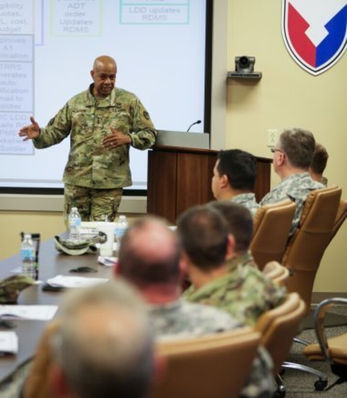 Army Materiel Command Deputy Commander Lt. Gen. Larry Wyche speaks to Reserve warrant officers during a professional development meeting April 5 at AMC headquarters. Wyche said the Army's Reserve component is an important element of building Army capability. The professional development meeting was the first held by AMC's Army Reserve Element at AMC headquarters, Redstone Arsenal, AL. 

(U.S. Army photo by: Sgt. Eben Boothby)