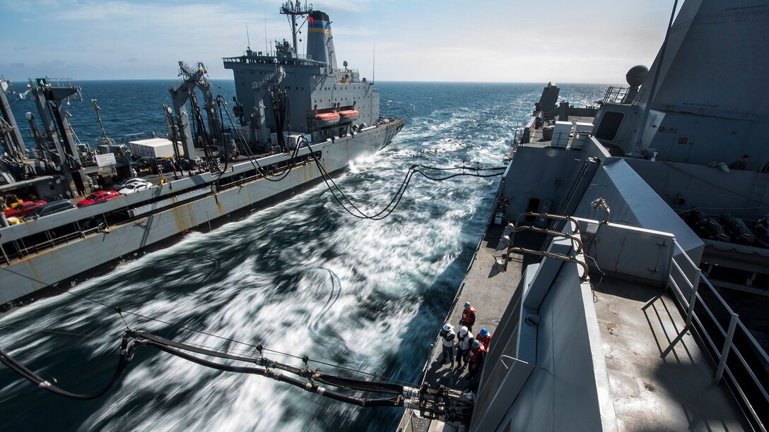 The amphibious transport dock ship USS San Diego maneuvers alongside the fleet replenishment oiler USNS Guadalupe for a replenishment at sea during a training exercise in the Pacific Ocean, April 11, 2017. Navy photo by Petty Officer 1st Class Joseph M. Buliavac