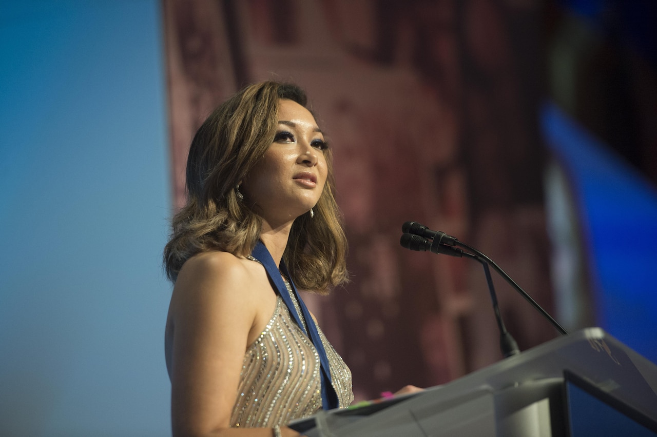 Jaclyn Mariano, surviving daughter of Air Force Master Sgt. Jude C. Mariano, delivers remarks after receiving the Senator Ted Stevens Leadership Award during the Tragedy Assistance Program for Survivors 2017 Honor Guard Gala in Washington, D.C., April 12, 2017. The TAPS leadership award recognizes an individual who has taken their experience and demonstrated outstanding leadership on behalf of other military survivors. DoD photo by Navy Petty Officer 2nd Class Dominique Pineiro