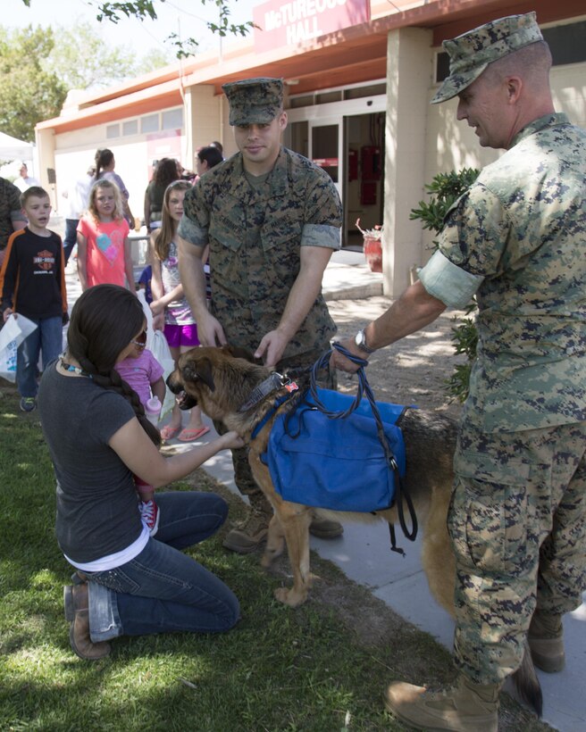 Harley, a service dog in training, is introduced to civilians and Marines by his owner Lt. Col. Timothy Silkowski, director of Fleet Support Division, at the Easter Egg Hunt and Roll held aboard Marine Corps Logistics Base Barstow, Calif., April 12.