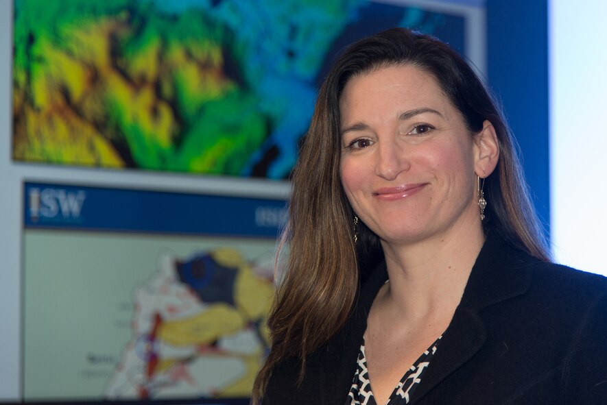 Rebecca Hoy serves as a liaison between more than 90 Air Force Life Cycle Management Center programs at Hanscom and the National Geospatial Intelligence Agency. (U.S. Air Force photo/Mark Herlihy)
